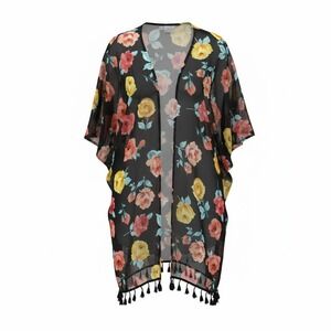 Sheer‎ Black Floral Open Front Caftan Kimono Tassel Fringe Boho Layer One Size